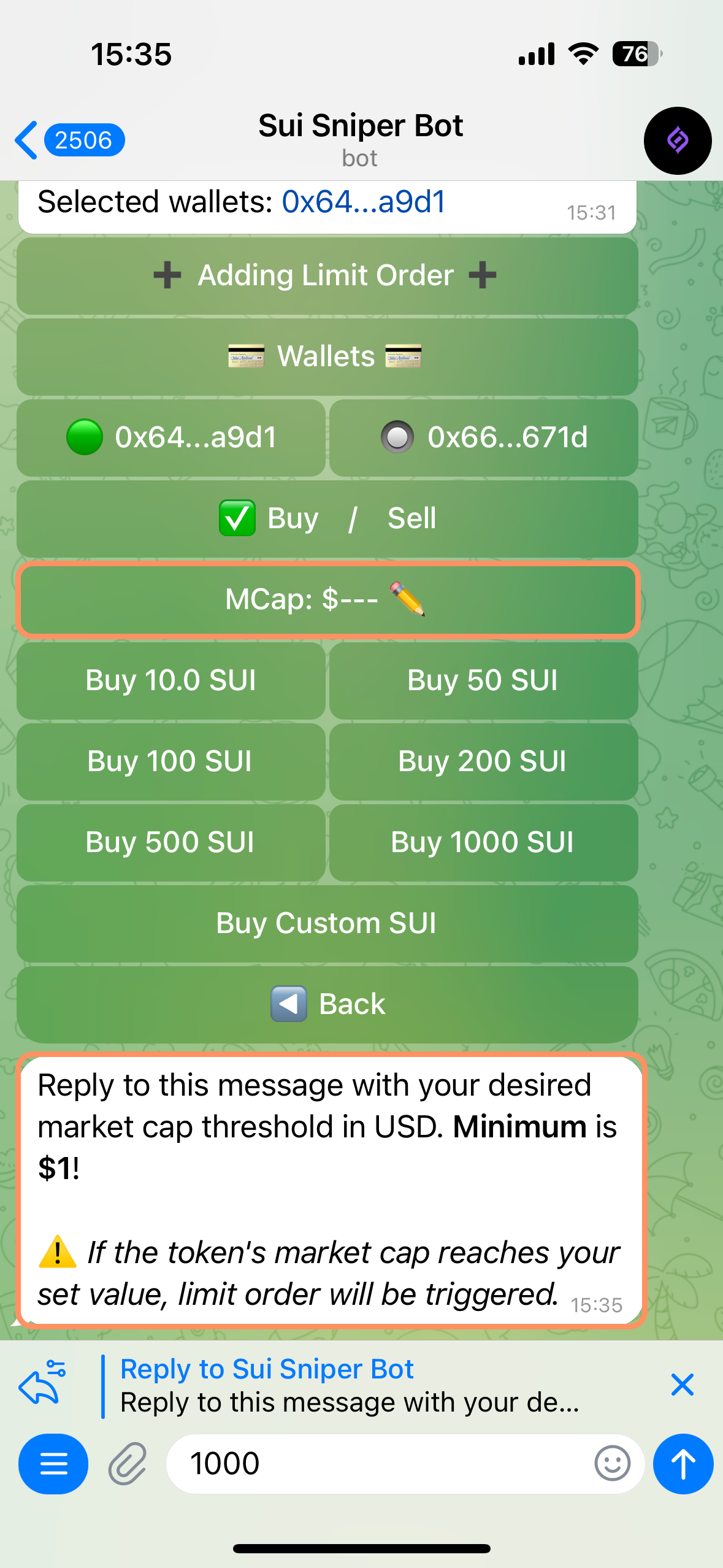 sui sniper bot market cap trigger