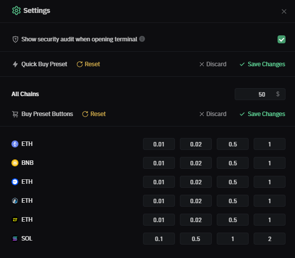 Bullx bot settings tab for quick buy preset and different chains