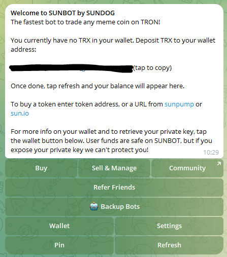 SUNBOT by SUNDOG start view telegram trading bot tron