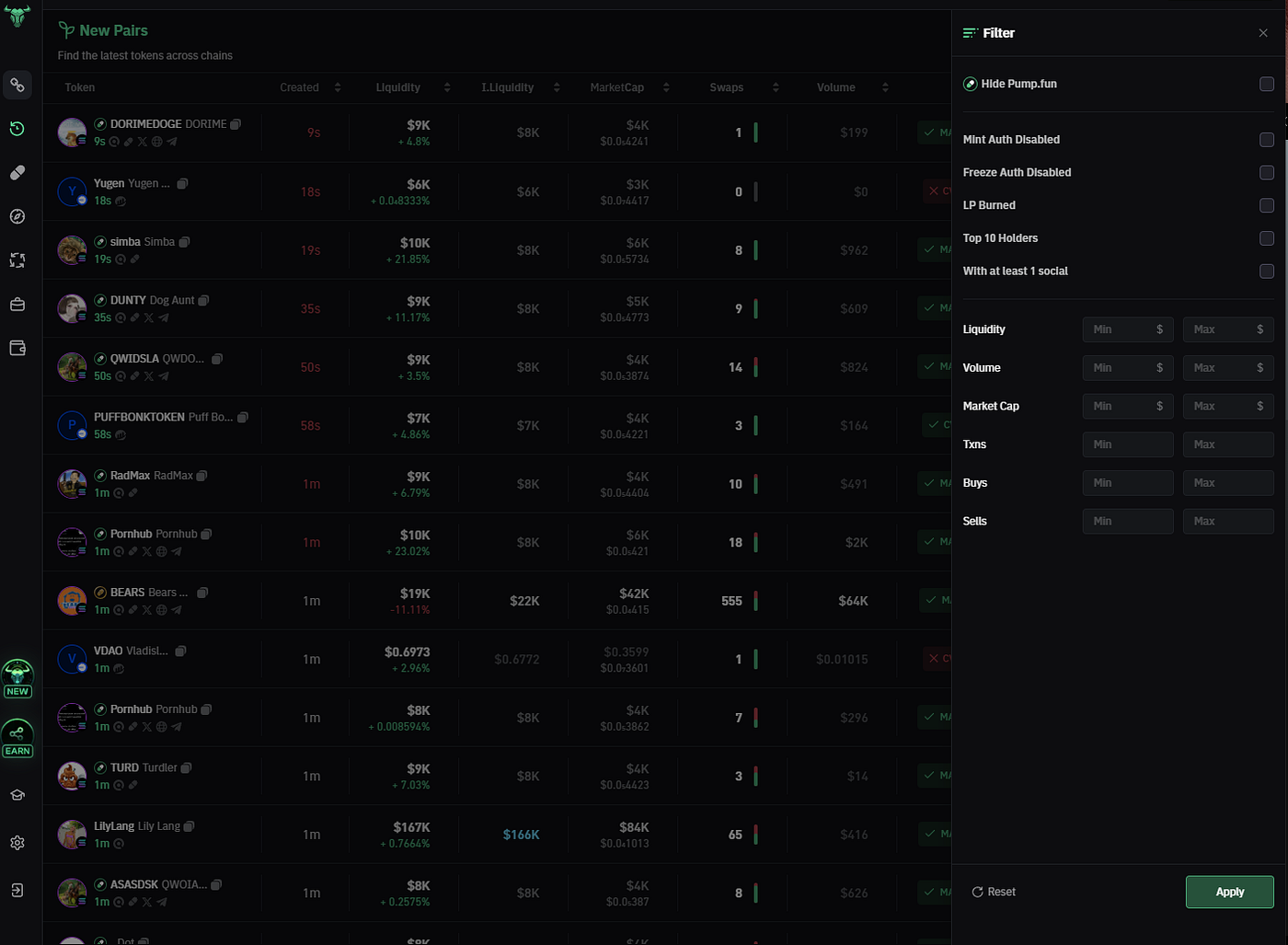 BullX trading bot filter and ui