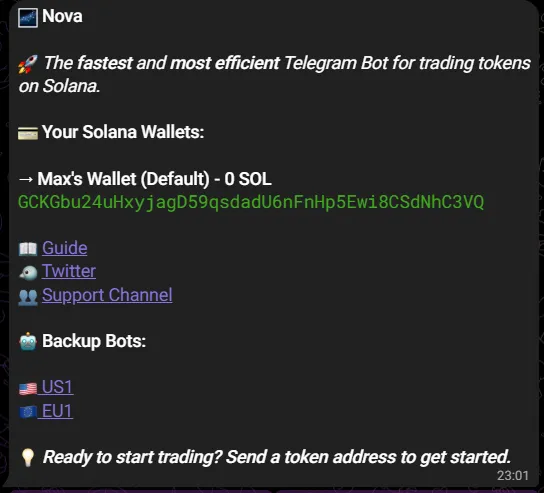 Nova Bot wallet interface